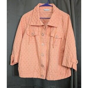 Laura Ashley 1X Orange Polka Dot Cotton Stretch Blend Full Zip Neck Drawstring